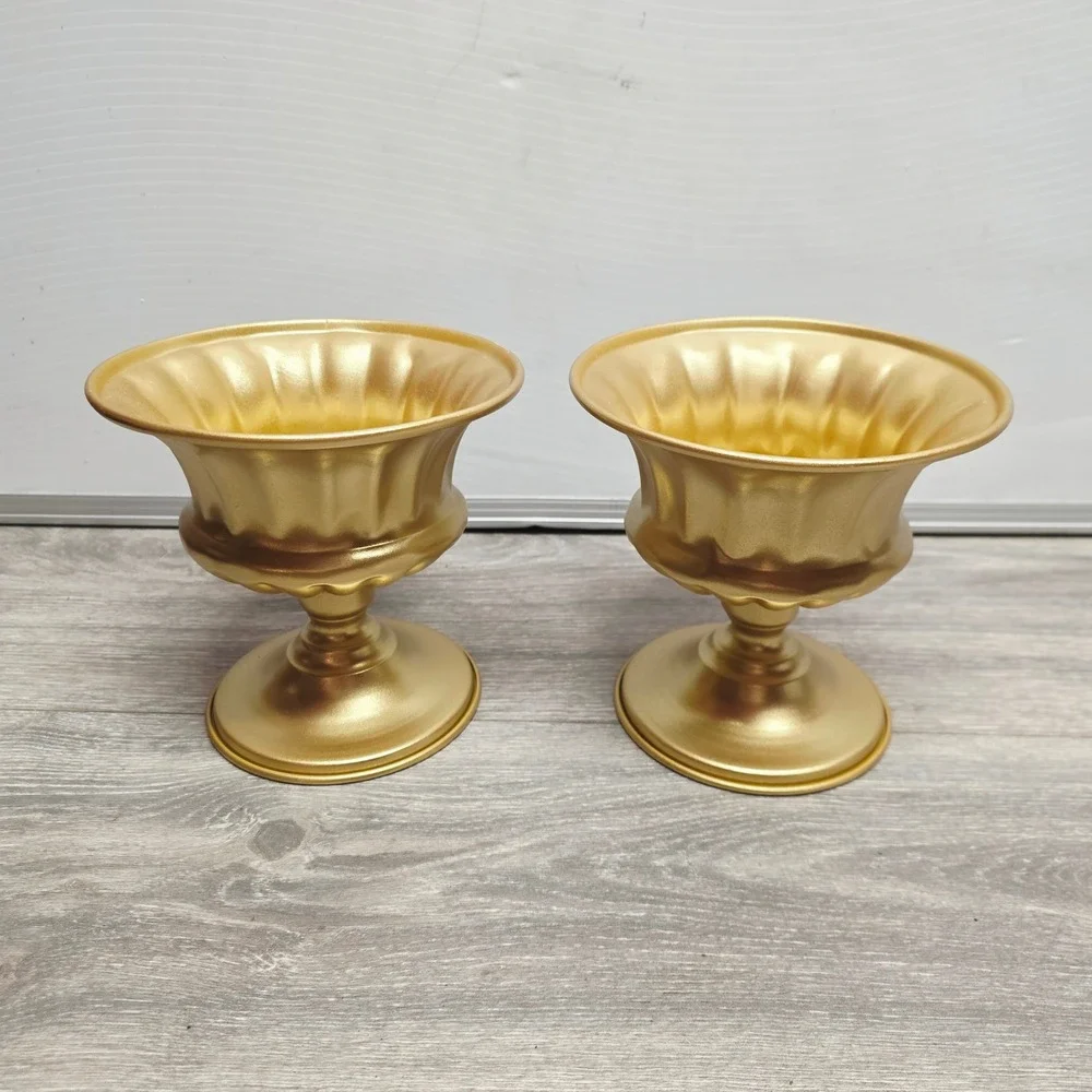 Gold Metal Urn Vases Set of 2 Fluted Pedestal Centerpiece 6x6 Regency Decor tin